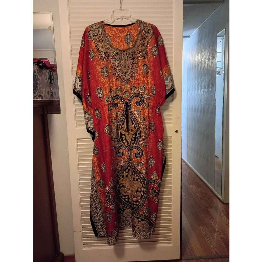 Bold Red & Orange Paisley Maxi Kaftan - Picture 2 of 5